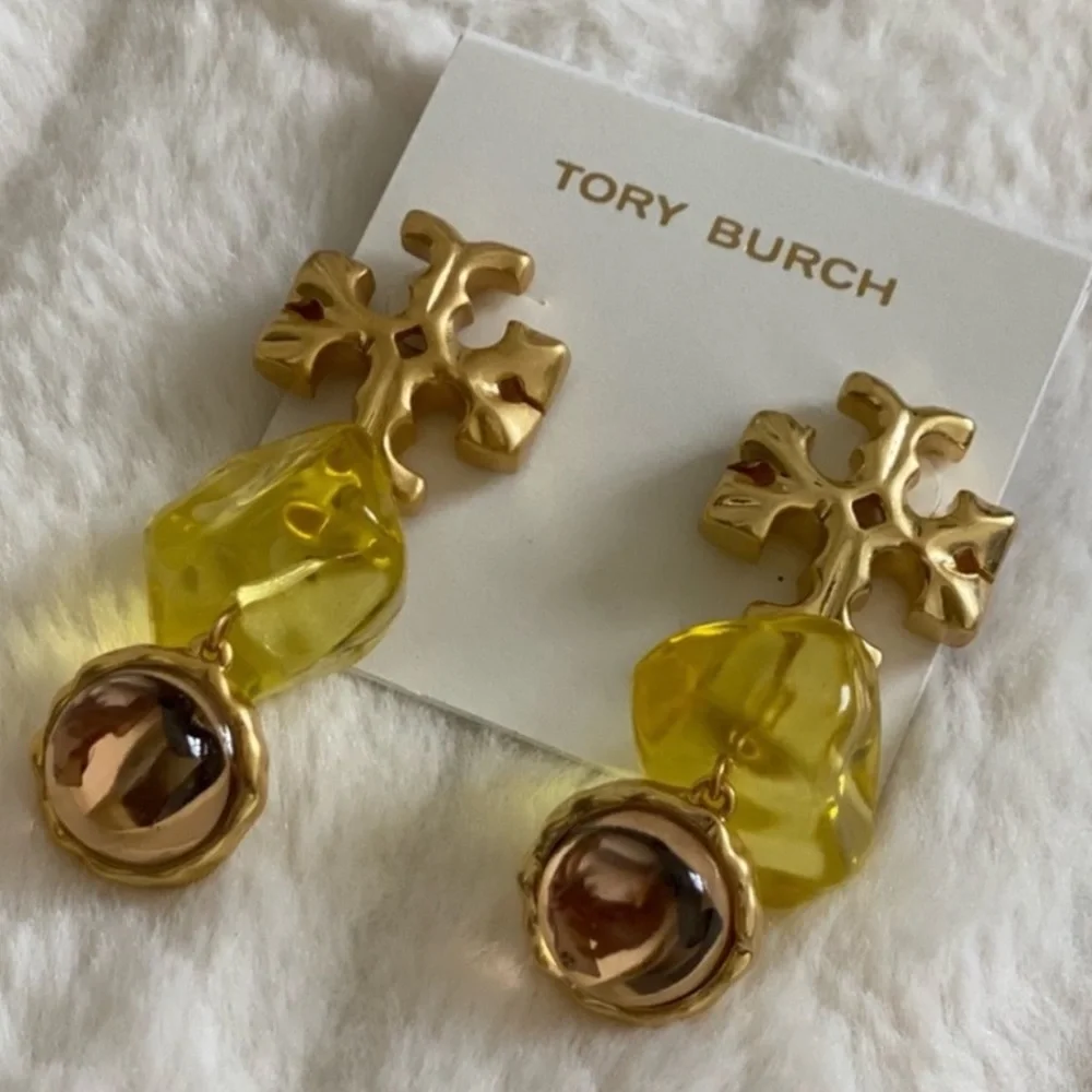 Tory Burch Gold Rolled Brass Double Drop Yellow Clear chunky Earrings $198